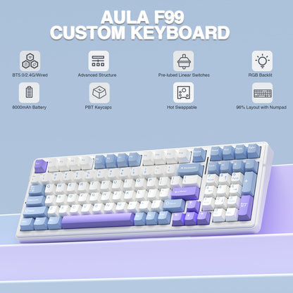 AULA F99 Wireless Mechanical Keyboard,Tri-Mode BT5.0/2.4GHz/USB-C Hot Swappable Custom Keyboard,Pre-lubed Linear Switches,RGB Backlit Computer Gaming Keyboards for PC/Tablet/PS/Xbox