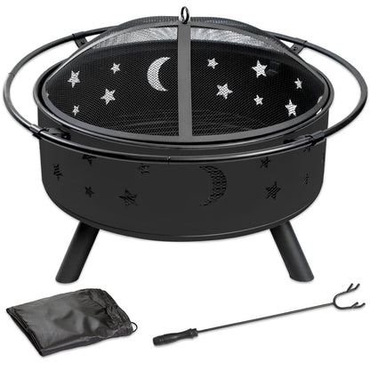 Quilushey 32 Inch Fire Pit Outdoor Fireplace, 2 in 1 Metal Round Firepit for Outside Bonfire Party, BBQ, Camping, Backyard, Patio, Garden, Picnic w/Fire Poker, Spark Screen, Grate, Cover (Moon&Star)