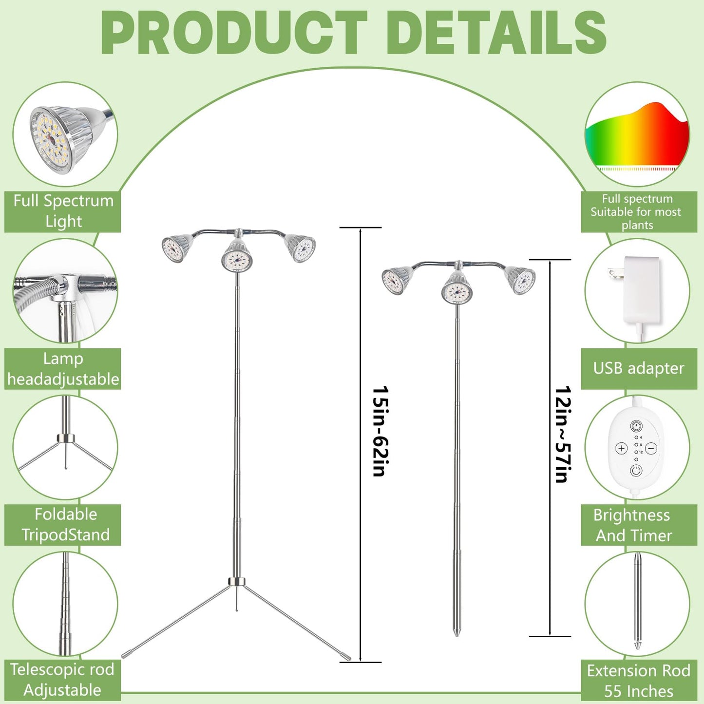 Full Spectrum Grow Lights for Indoor Plants, 3 Heads Aluminum Alloy Growing Lamps Covers More Plants, 15-62In Height Adjustable Plant Light with Detachable Tripod Stand, Auto On/Off Timer for Offices
