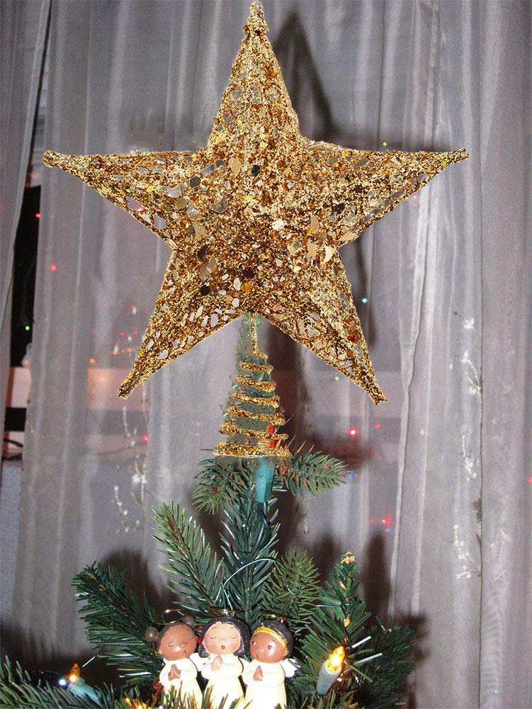 Christmas Tree Star Topper, Xmas Tree Topper Glittered 5 Point Star Treetop for Christmas Tree Ornament Indoor Party Home Decoration (Golden, 6inch)