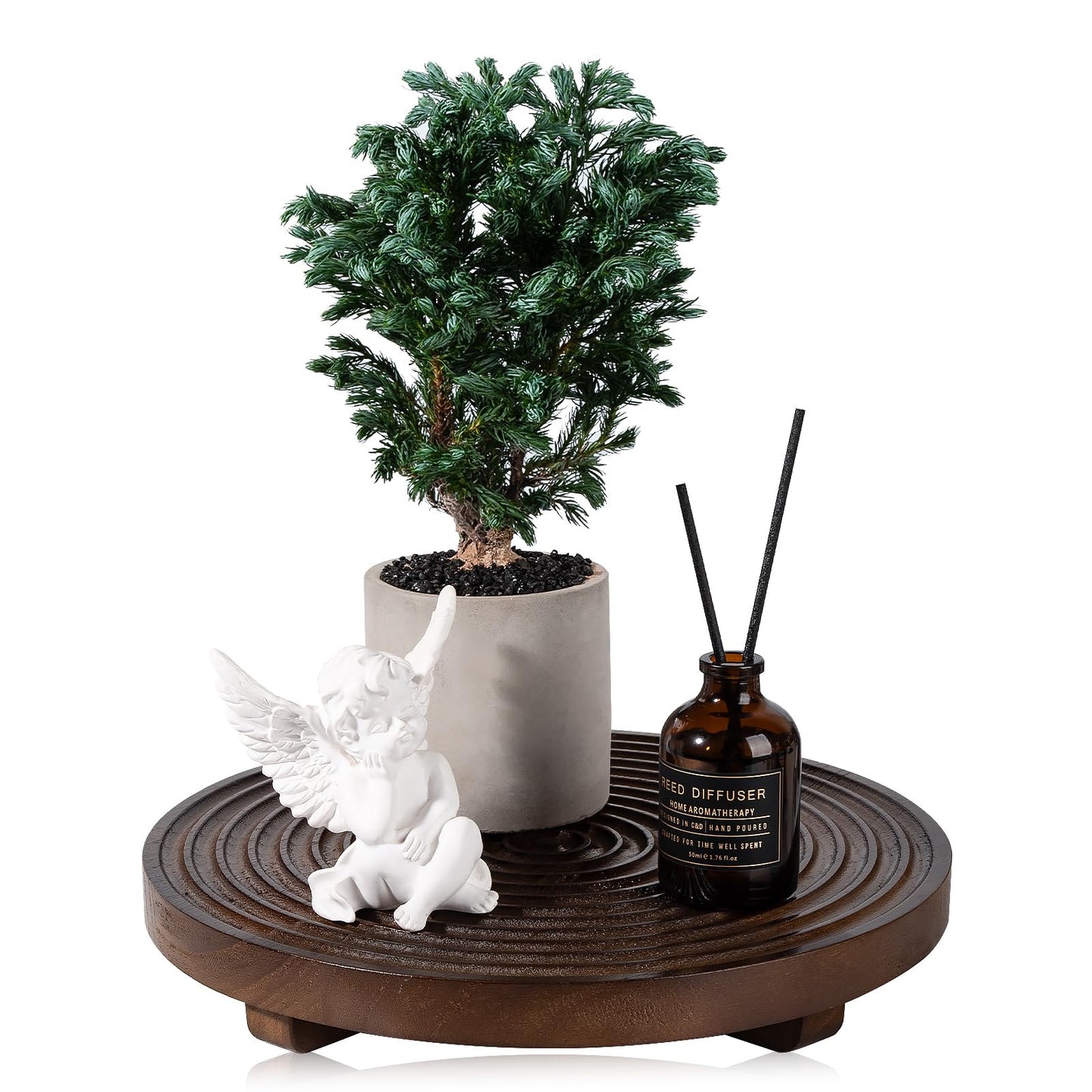 Round Decorative Tray Farmhouse Bathroom Decor Wood Riser Kitchen Countertop Organizer for Perfume, Candle, Plant, 10 inch Walnut