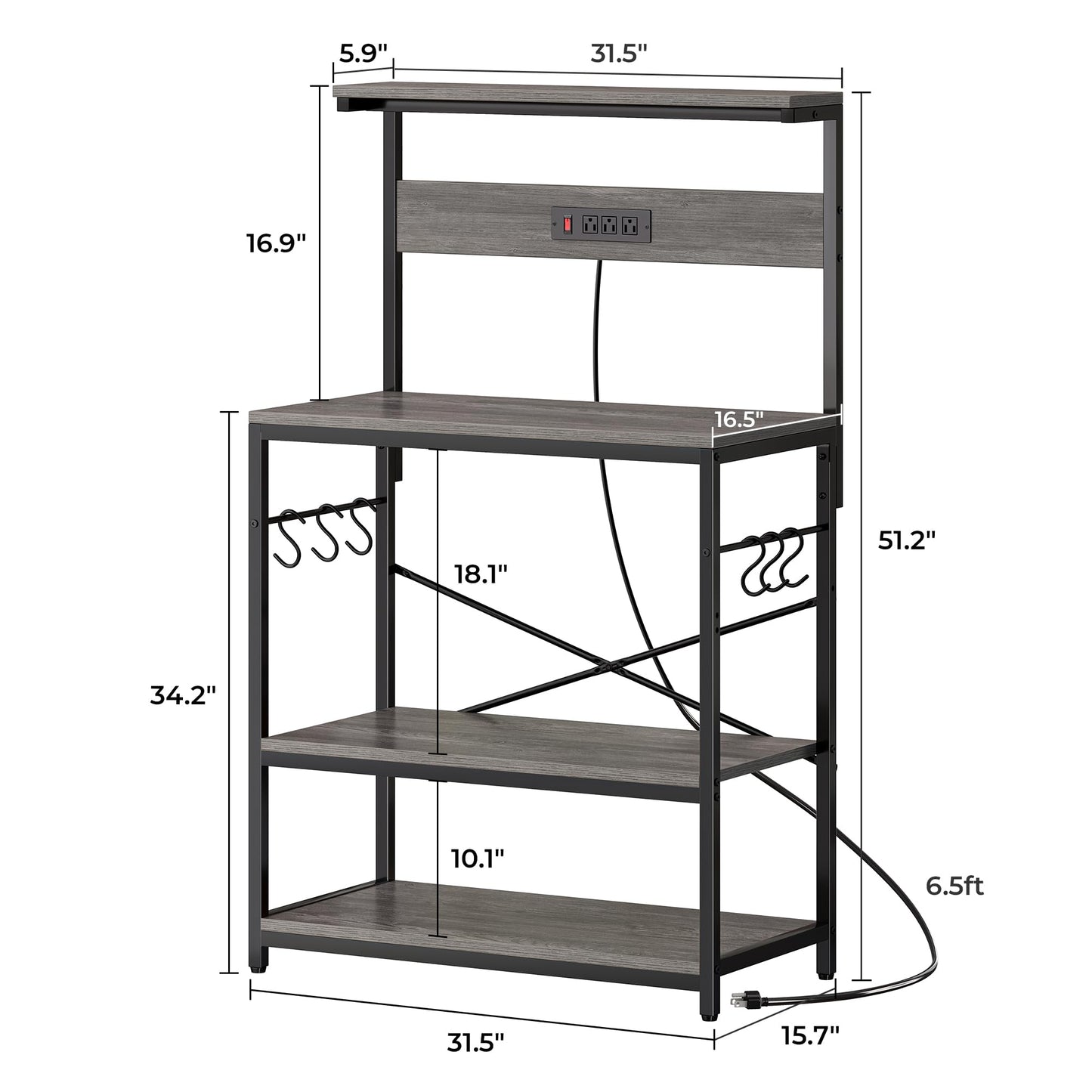 SUPERJARE Kitchen Bakers Rack with Power Outlet, Coffee Bar Table 4 Tiers, Kitchen Microwave Stand with 6 S-shaped Hooks, Storage Shelf Rack for Spices, Pots and Pans - Rustic Brown