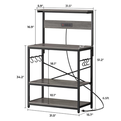 SUPERJARE Kitchen Bakers Rack with Power Outlet, Coffee Bar Table 4 Tiers, Kitchen Microwave Stand with 6 S-shaped Hooks, Storage Shelf Rack for Spices, Pots and Pans - Rustic Brown