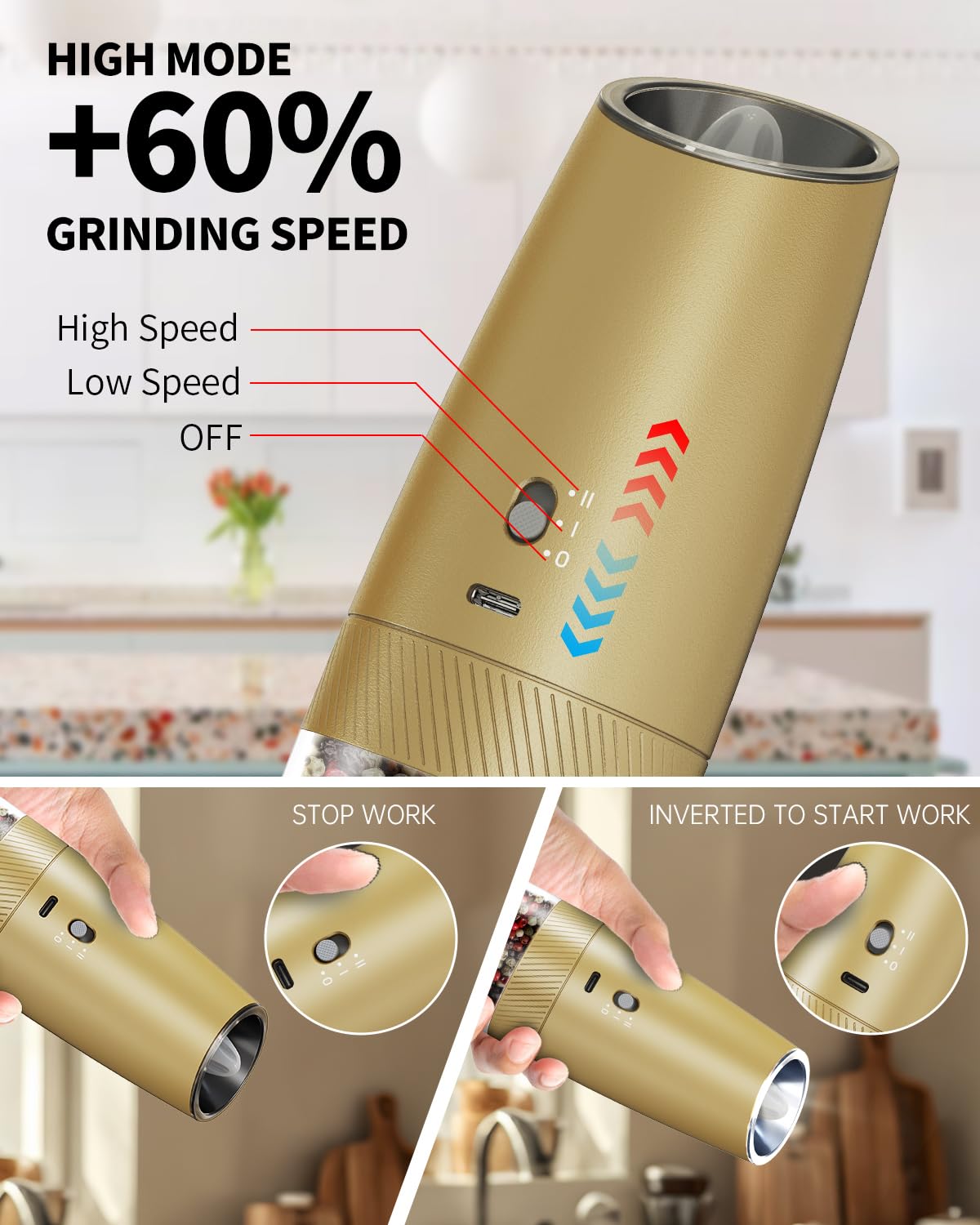 CIRCLE JOY 2-Speed Gravity Electric Pepper Grinder, Rechargeable Salt Grinder Pepper Mills, Adjustable Coarseness, White LED Light, 135ML Large Capacity, Gold