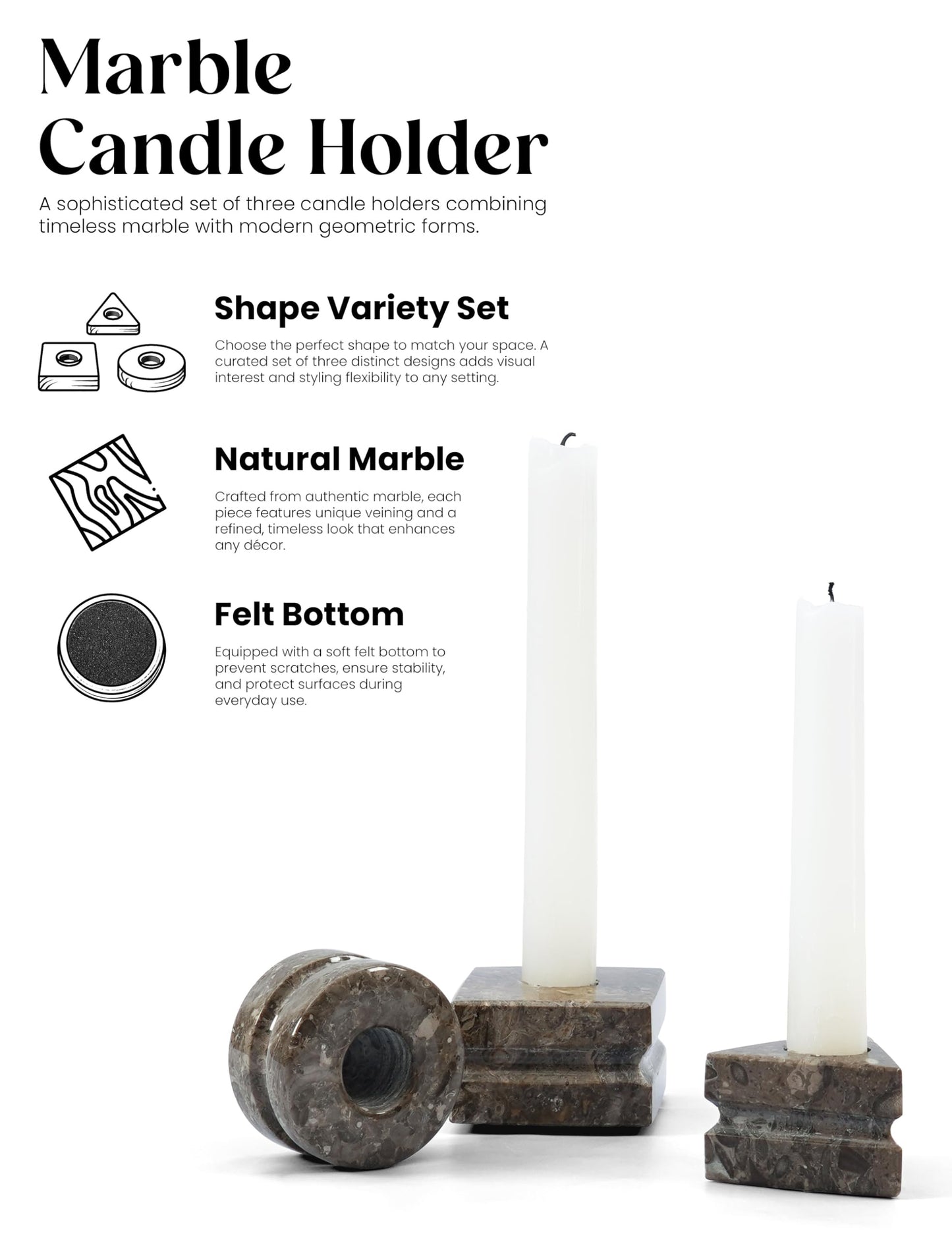 Marble Candle Holder Set of 3, Handmade Oceanic Stone Candlestick Holders, Minimalist Taper Candle Stand, Decorative Table Decor for Living Room & Dining, Centerpiece, Housewarming & Wedding Gift