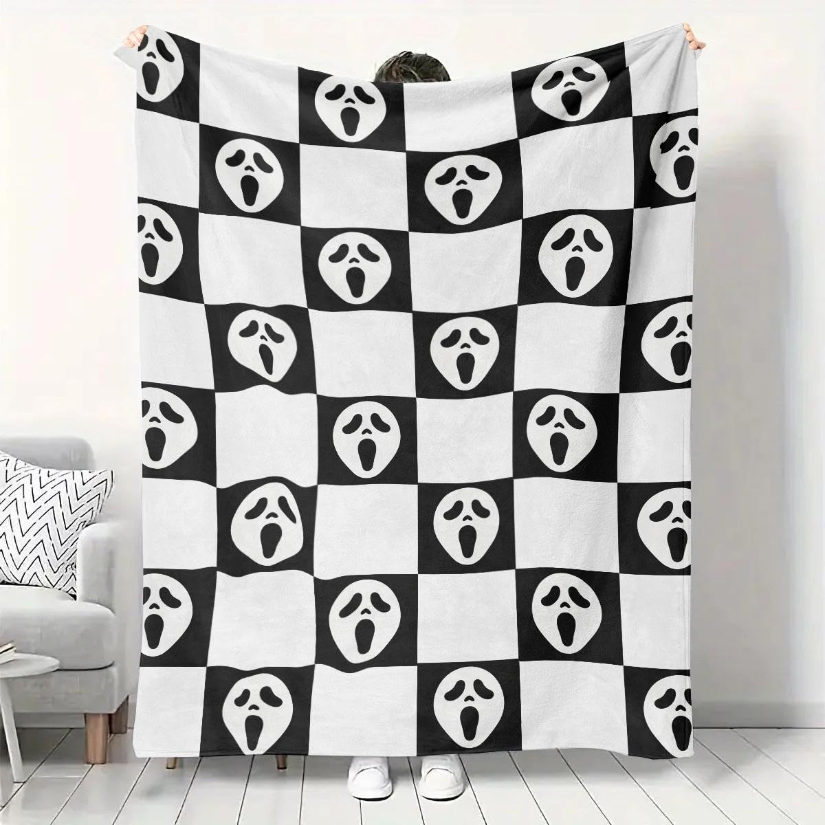 YWZDS Spooky Face Throw Blanket, Black and White Checkered Pattern, Halloween Ghost Blankets Fuzzy Gifts for Sofa Couch Bedroom (60 * 80 inch)