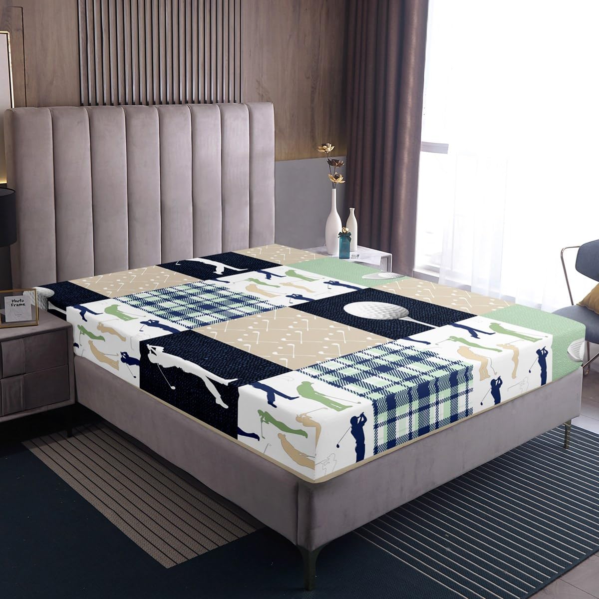 Castle Fairy Golf Plaid Bed Sheet Set King Size,Ball Sports Lover Style Deep Pocket Fitted Sheet,1 Flat,2 Pillowcases,Green Buffalo Grid Geometric Bed Mattress Cover, Bedroom Decor