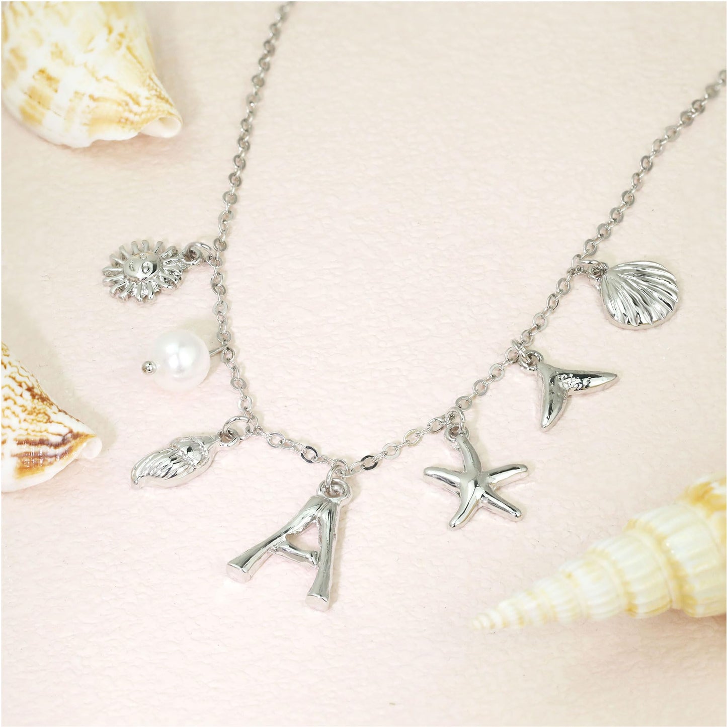 JALZEMPL Initial Charm Necklace For Women Seashell Shell Letter Boho Summer Beach Starfish 14k Gold Plated Silver Pendant Surfer Jewelry Gifts (N,Silver)