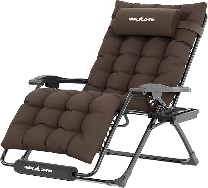 UDPATIO Oversized Zero Gravity Chair 29In XL Patio Reclining Chair with Cushion, Outdoor Folding Recliner with Pillows|Cup Holder|Foot Rest|Padded Headrest, Brown Grey, Support 500LB