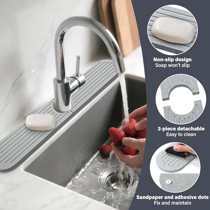 Stone Faucet Mat for Kitchen Sink, 2 Set/4PCS Quick Dry Diatomaceous Earth
