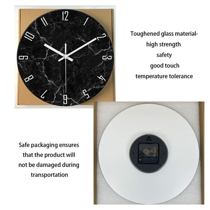 Black Minimalist Wall Clocks for Living Room Glass Marble Pattern Wall Clocks Battery Operated 12 Inch Abstract Wall Clock Non Ticking