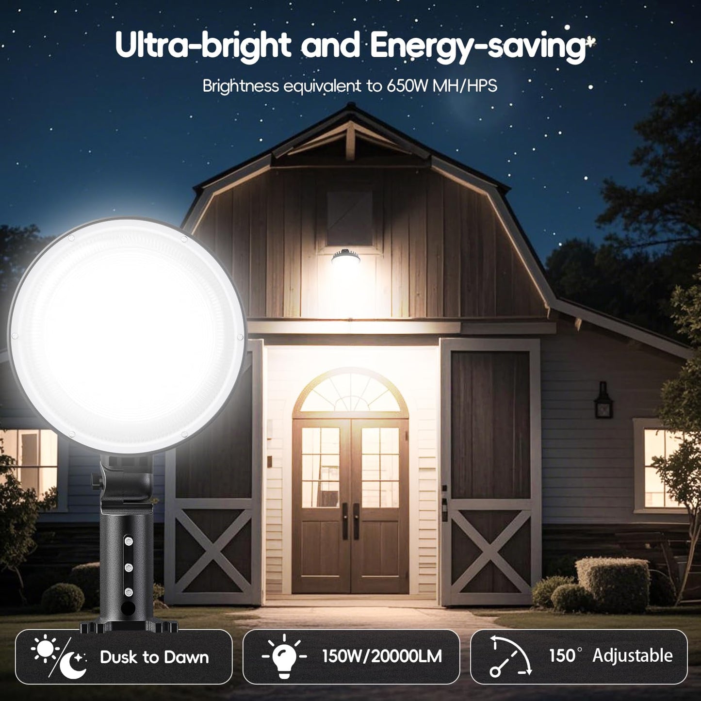MOONTIP 150W 4 Pack 20000LM Dusk to Dawn Outdoor Lighting, LED Barn Lights Outdoor with 150° Adjustable Photocell Pole Light 6500K Flood Light, IP66 Waterproof Area Street Light for Garage Yard