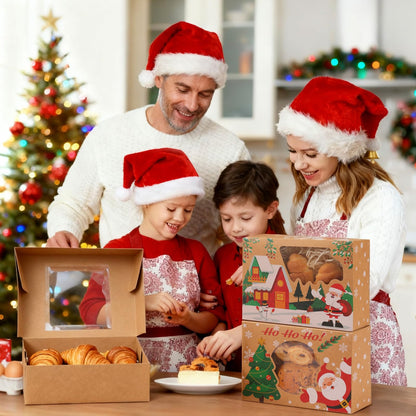 CHOUNYEE 24 Pack Christmas Cookie Boxes - 8.25"x6"x2.75" Brown Kraft Bakery Box with Window for Holiday Treats, Gift Exchange Box for Baked Goods, Cookie Tins with Lids for Gift Giving