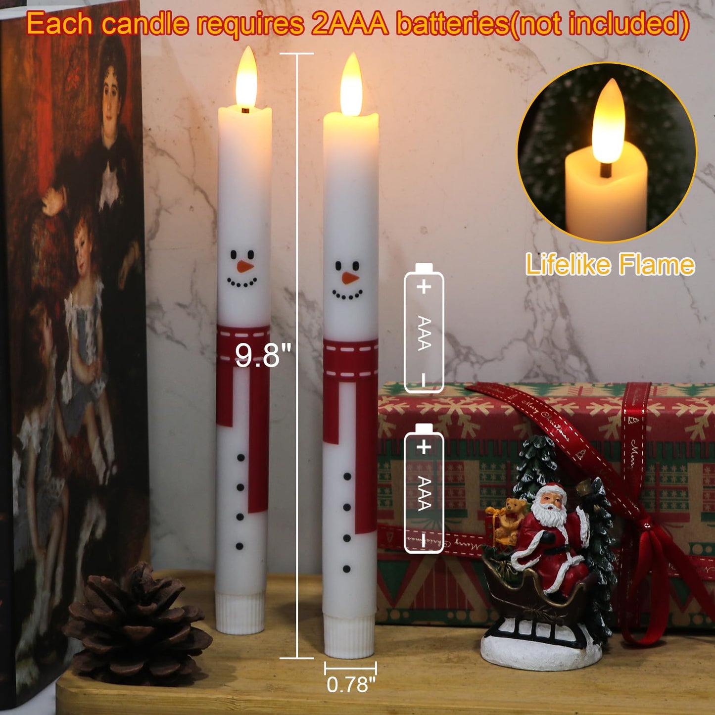 Lasumora Christmas Flameless Taper Candles with Remote Timer, 2 Pcs Snowman with Scarf LED Candlesticks with 3D Flickering Flame for Home Décor Christmas Gifts