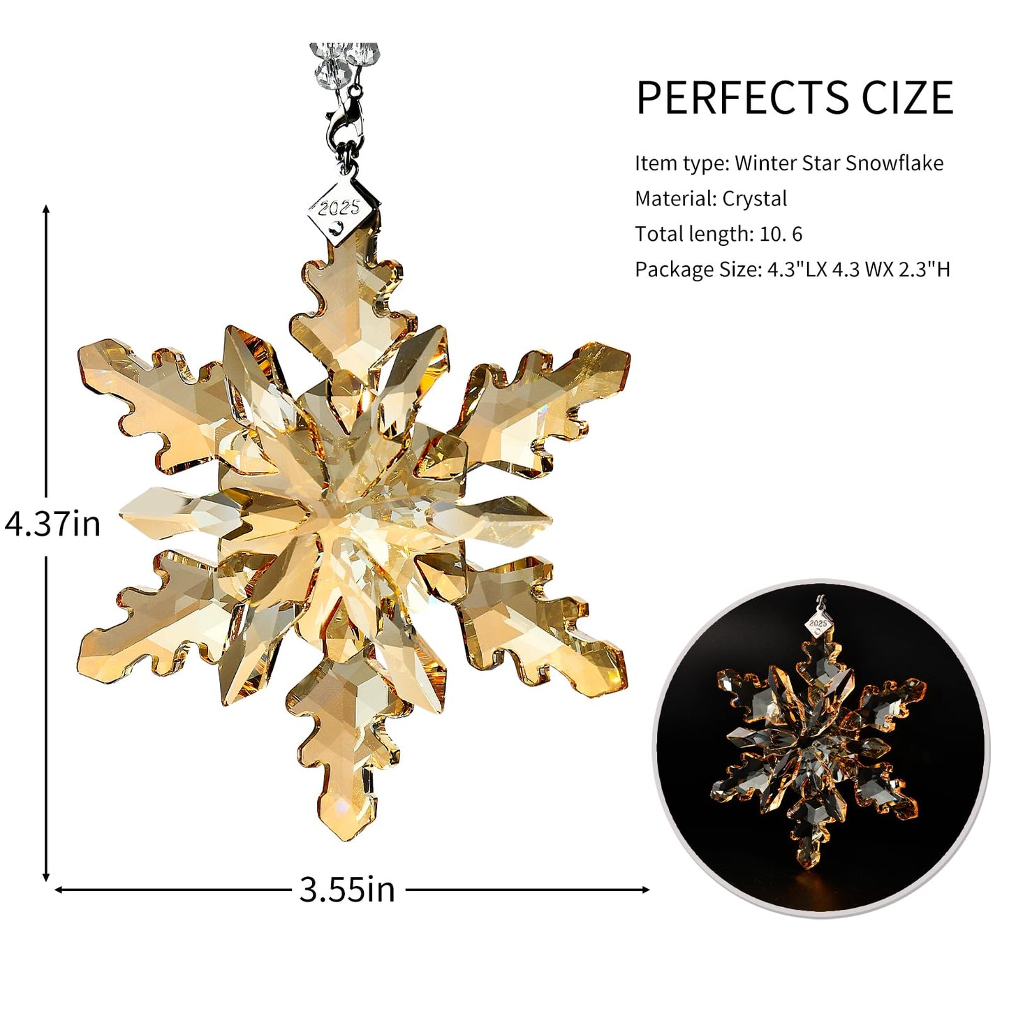 2025 Annual Edition Snowflake Crystal Christmas Ornaments,Christmas Tree Ornaments Crystal Sun Catcher Home Hanging Decor (25-Champagne Gold)