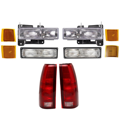 TRQ 10 Piece Driver and Passenger Side Headlight Parking Light Lower Side Marker Light Upper Reflectors Tail Assembly Set Compatible with 94-99 Chevy C1500 K1500 Suburban C1500 C2500 K1500 K2500