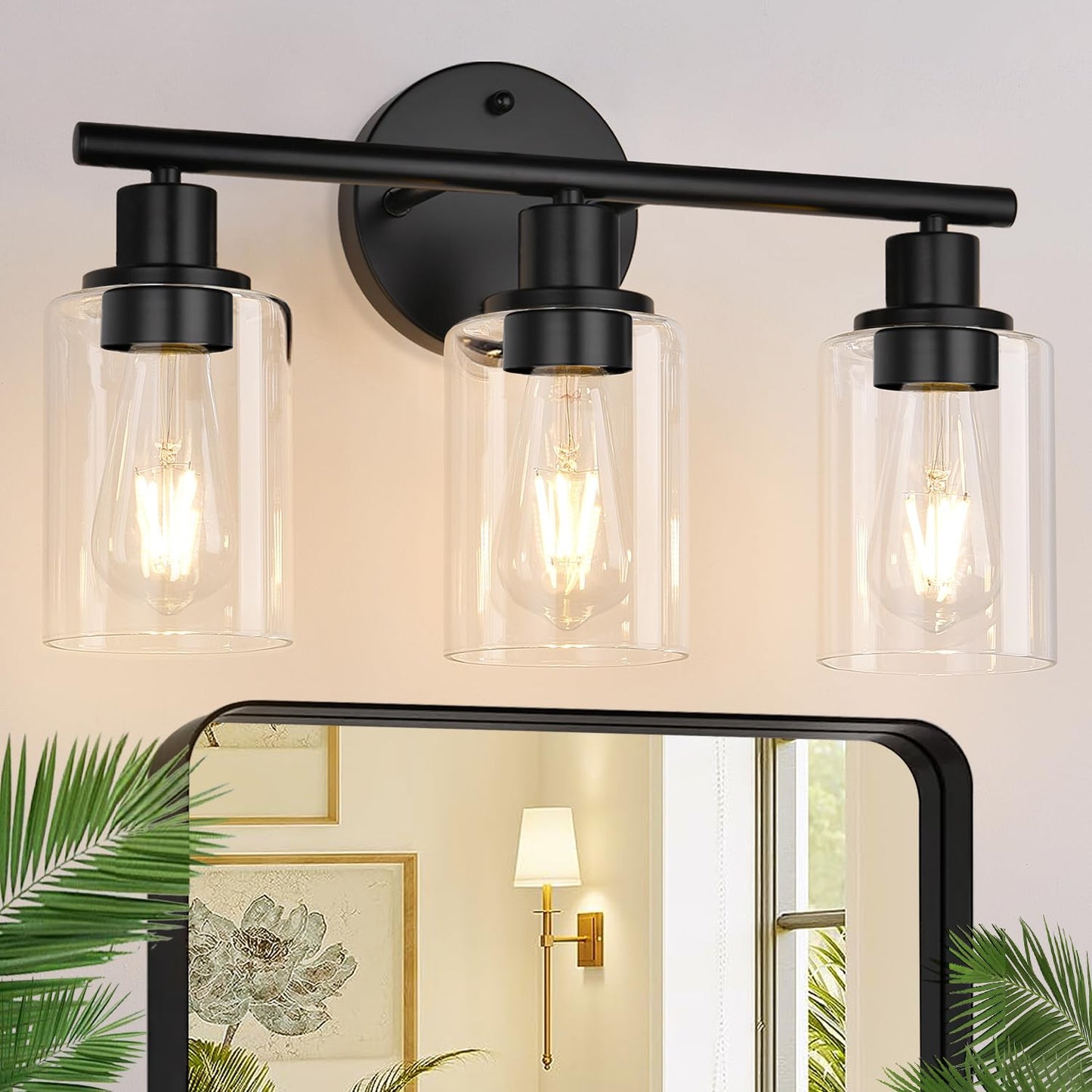 ZASTION 3-Light Bathroom Light Fixtures, Black Bathroom Wall Lights, Modern Bathroom Vanity Light with Clear Glass Shade, Bathroom Wall Lamp for Mirror Kitchen Bedroom Living Room