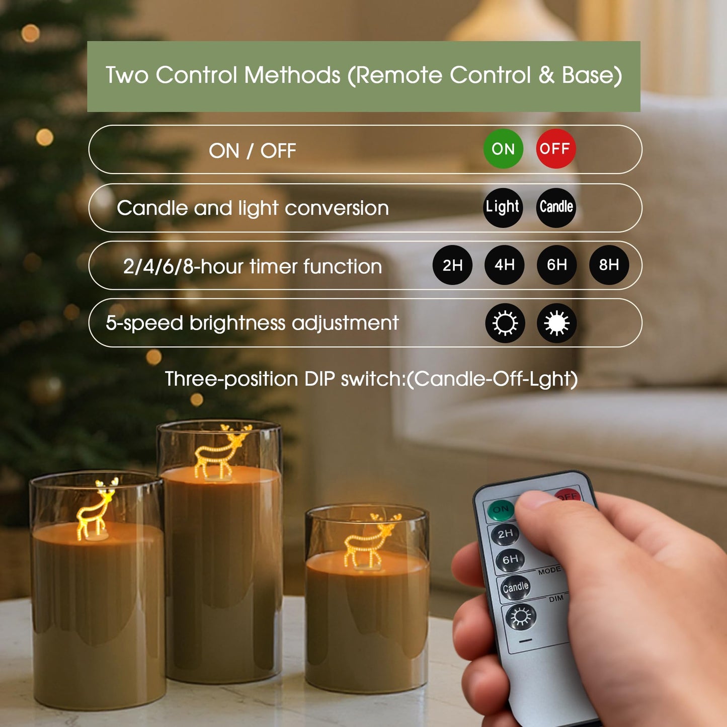 L LOHAS LED Electronic Candle Night Lights with Remote, 3-Pack Reindeer LED Flameless Candles, Battery Operated Flickering Night Light, 5 Brightness Levels & Timer, for Holiday Home Decor