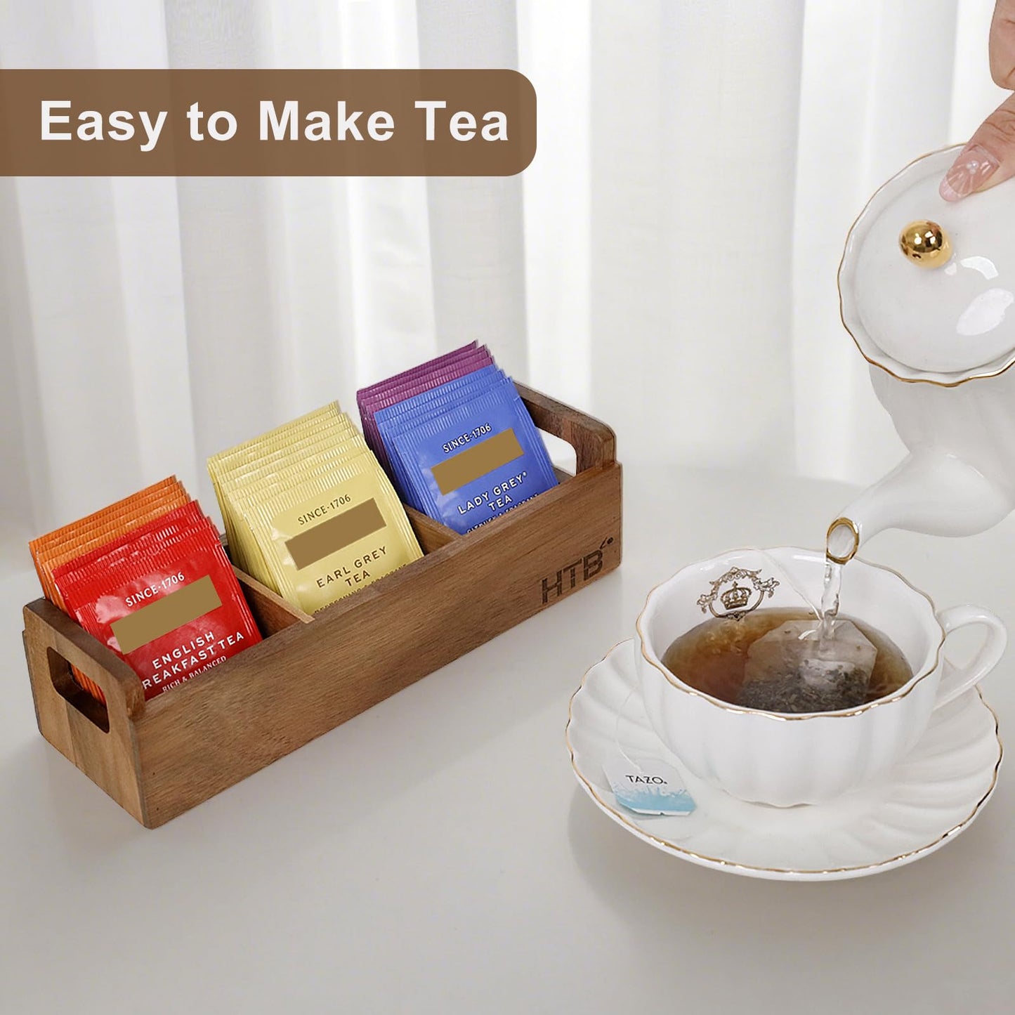 HTB Small Tea Bag Box Wooden, 3 Compartments Acacia Wood Tea Bag Chest with Handle, Mini Countertop Divided Storage Container for Beverage Supplies, Sugar, Sweeteners, Individual Packets