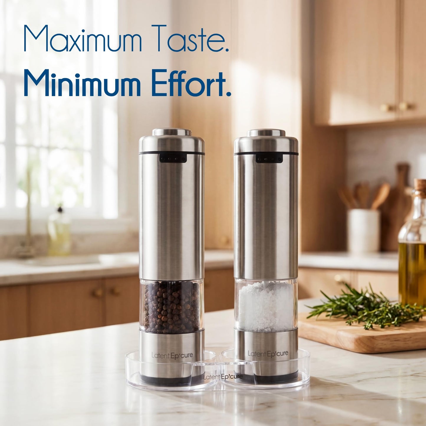 Latent Epicure Electric Salt and Pepper Grinder Set, USB-C Rechargeable Stainless Steel Mills with LED Light, Adjustable Ceramic Grinders and Acrylic Mill Rest Tray