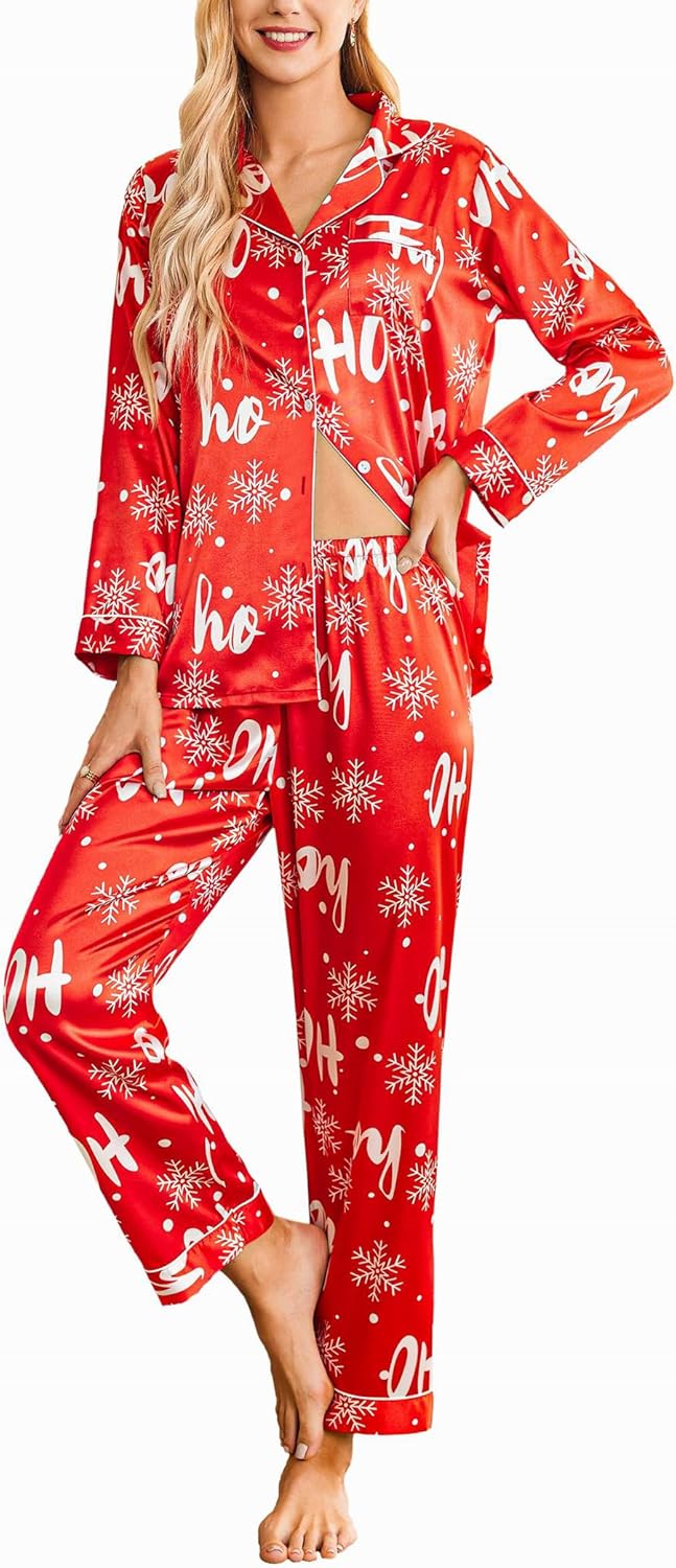 Ekouaer Women's Classic Button Down Long Satin Silk Pajama Set