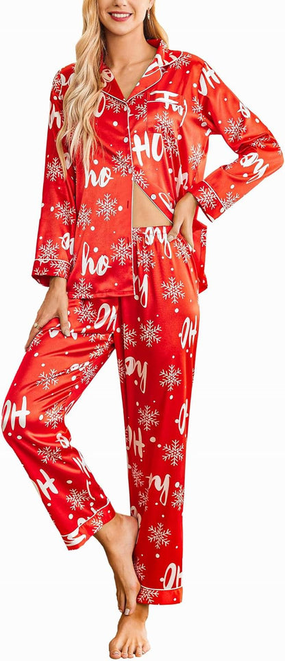 Ekouaer Women's Classic Button Down Long Satin Silk Pajama Set
