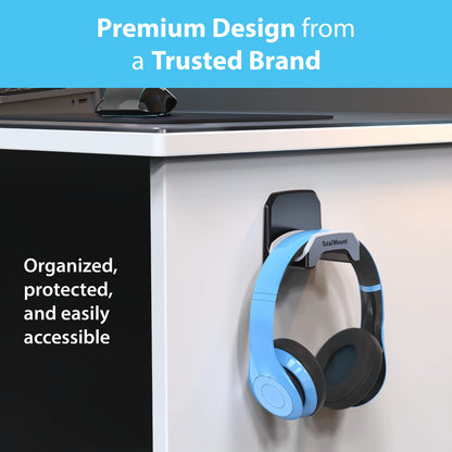 TotalMount Gaming Headset Hanger – Includes Removable Adhesive Strips for Easy, Damage-Free Wall, Desk, or PC Mounting (Black Headphone Hook with Premium Silicone Cradle – One Pack)