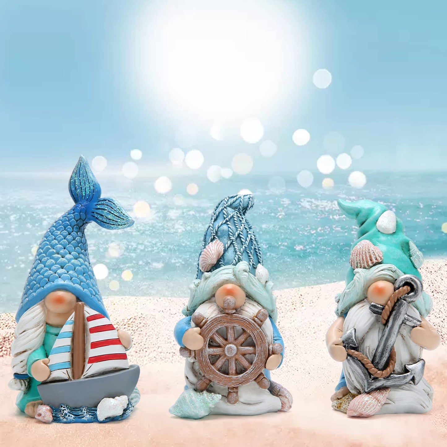 Hodao Coastal Nautical Gnome Figurines Set, Ocean Theme Resin Gnome Decor with Anchor Helm Sailboat, Beach Coastal Home Tabletop Decoration Gift for Spring Summer All Season