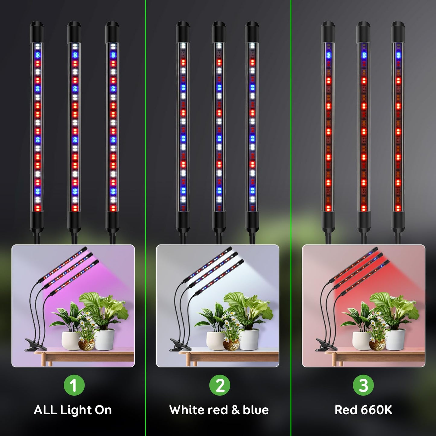SDOVUERC Tri-Head Clip Grow Light for Indoor Plants, Full Spectrum with 6/12/18H Timer, 5 Dimmable Levels, 3 Spectrum Modes & 360° Gooseneck for Seedlings, Houseplants, Succulents