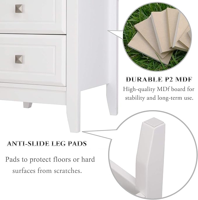 Bonnlo White Nightstand with 3 Drawers, Modern Night Stand