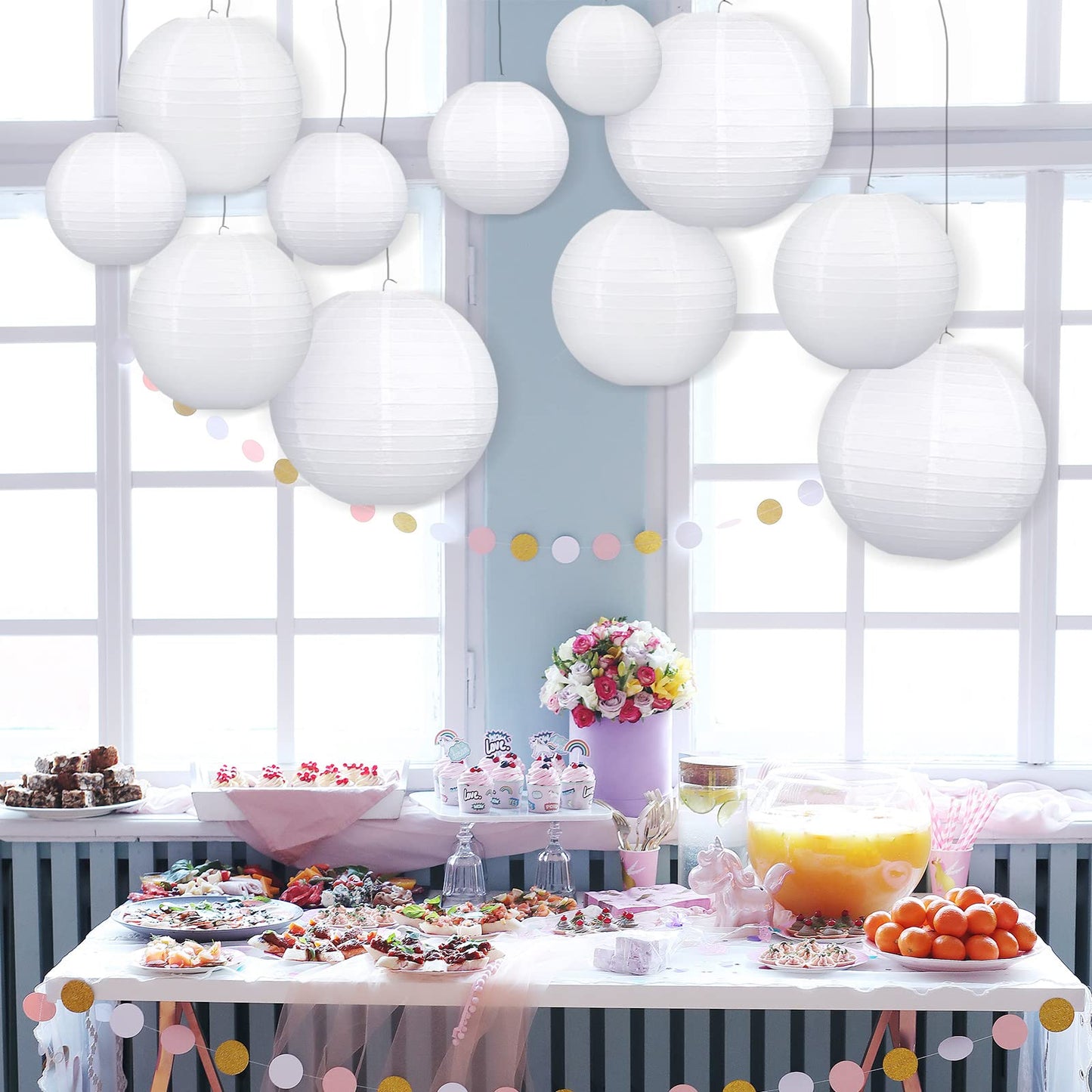 White Hanging Paper Lanterns, Round Chinese Paper Lanterns, Party Wedding Anniversary Decorations, 4 Size - 10 Pieces