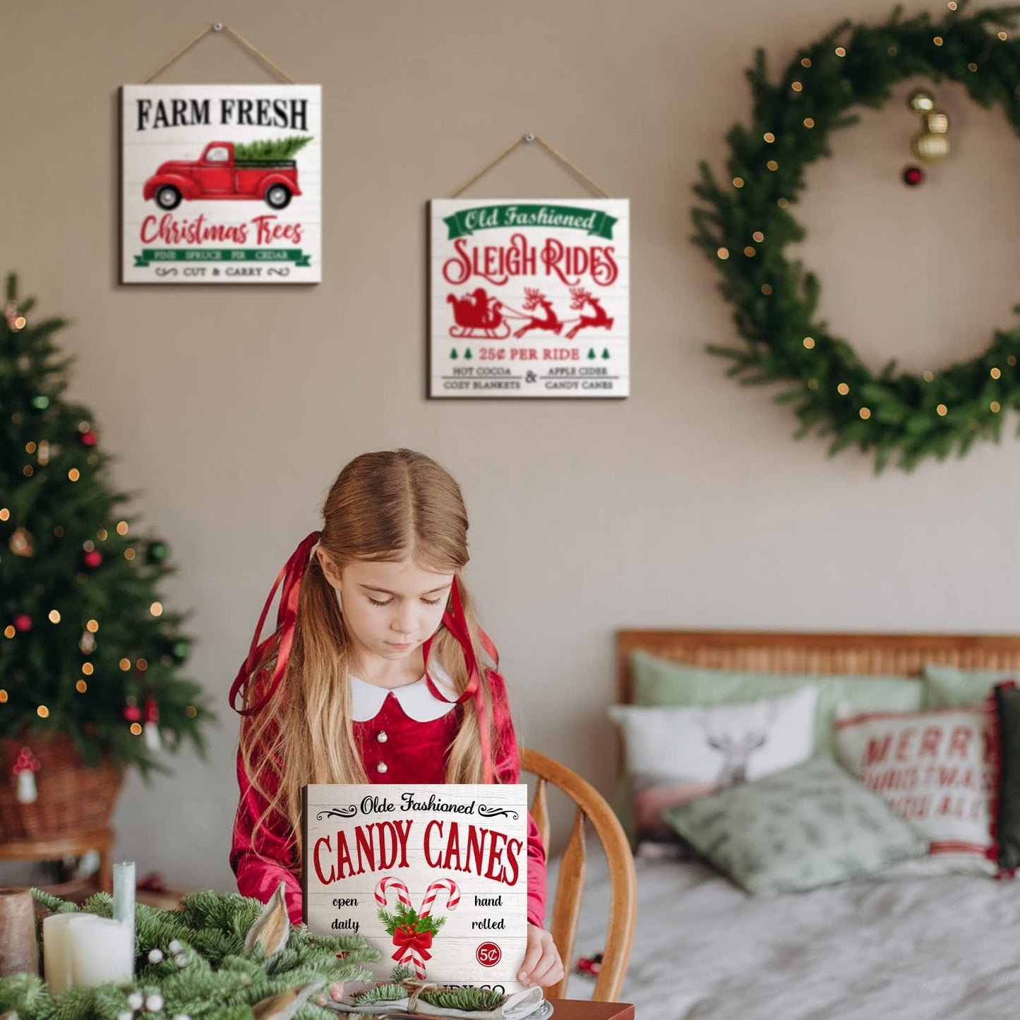 Pinkunn 4 Pieces Christmas Hanging Wooden Sign Christmas Wall Decorations Farm Fresh Hot Cocoa Candy Canes Sleigh Rides Deer Truck Decor Xmas Farmhouse Hanging Plaque for Home Porch Holiday