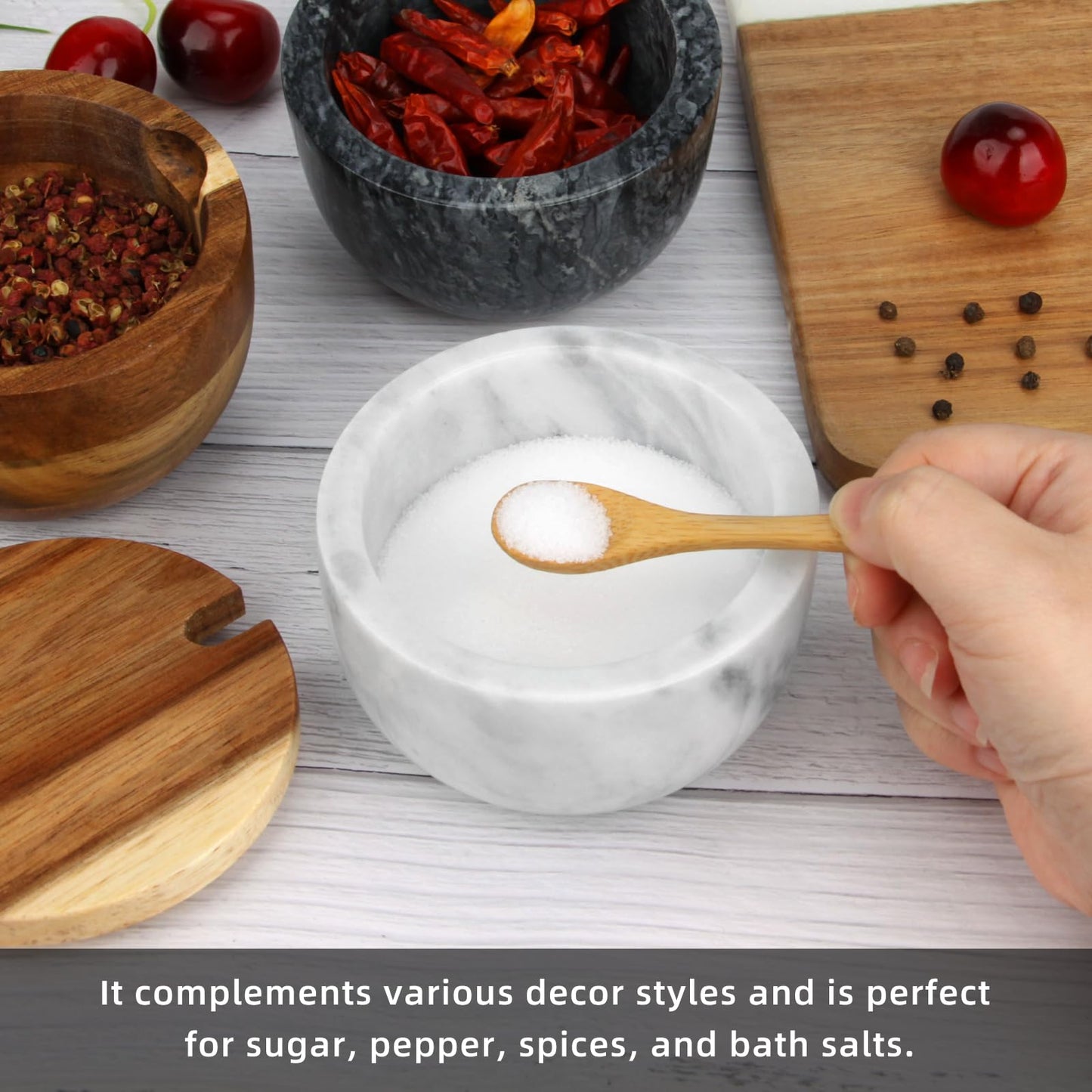 HESHIBI Salt Cellar Box with Lid & Spoon, Modern White Stone Salt or Pepper Sugar Spice Seasoning Bowl Container Jar Holder Well Keeper Dish Pig Crock for Kitchen (Marble Bowl Set)