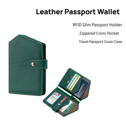 Cute RFID Passport Wallet for Women Leather Slim Passport Holder Travel Wallet Cover with Zipper Coin Purse, Credit Card, Sim and Tticket Slots (Green)