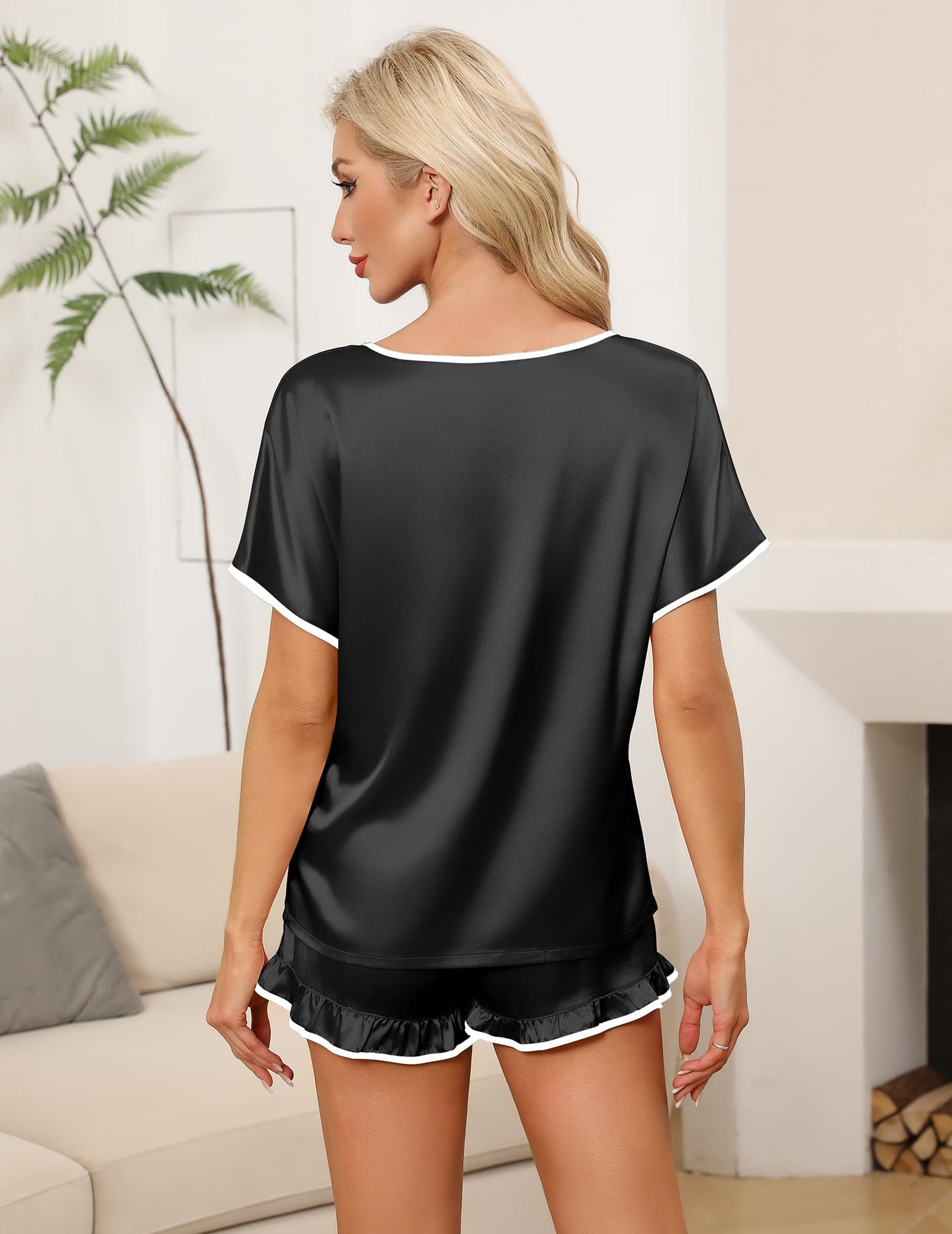 Ekouaer Satin Pajama Set for Women 2 Piece Silk Pjs Soft Short Sleeve Sleepwear Top with Ruffle Shorts S-XXL