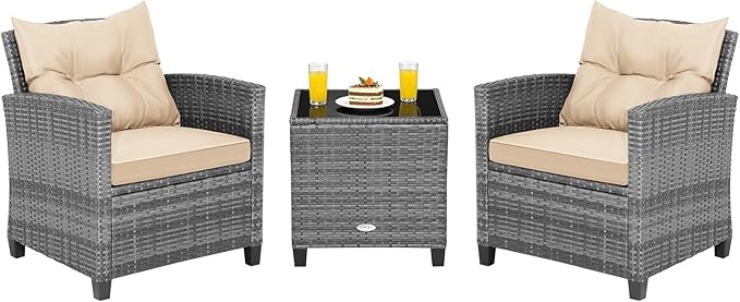 COSTWAY 3PCS Patio Furniture Set, PE Rattan Wicker Sofa w/Washable Cushion and