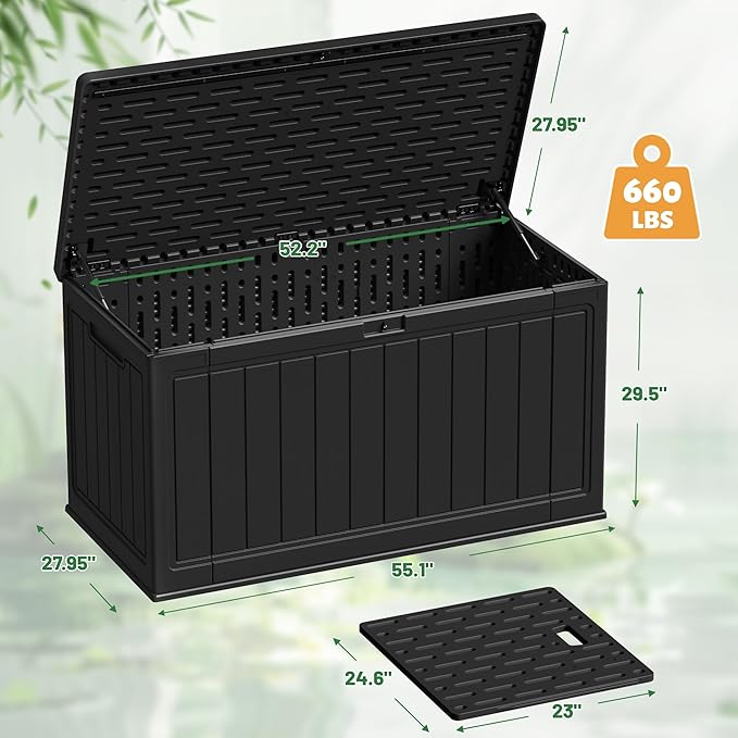 Devoko 160 Gallon Double-Wall Deck Box with Divider, Side Handles, HDPE Outdoor Large Storage Box Waterproof and Lockable for Patio Furniture, Garden, Pool (Black, 160 Gallon)