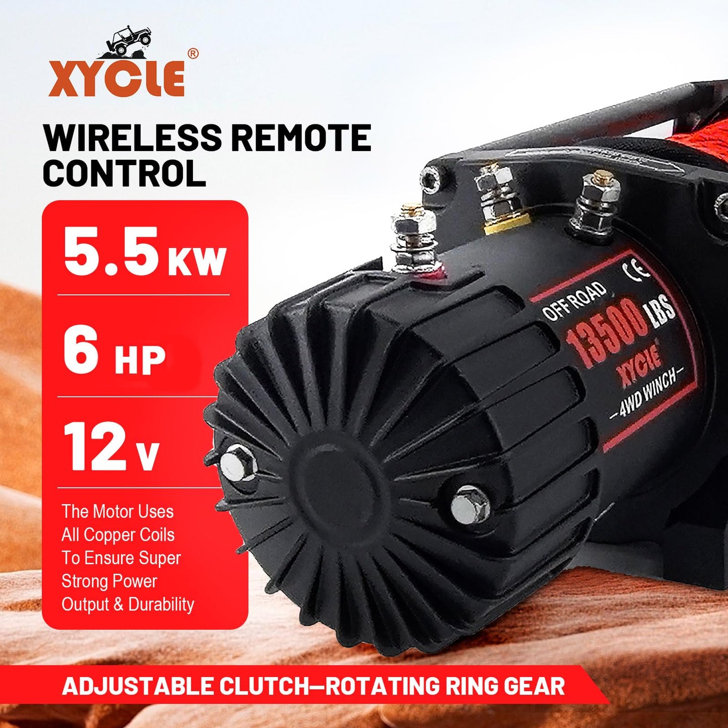 XYCLE Winch13500lbs 12V Waterproof Electric Winch Synthetic Rope Truck Winch Towing Winch Boat Trailer Winch SUV 4-Wheel Drive Off-Road Vehicle with Remote Control 3/8 Synthetic Rope (Red)