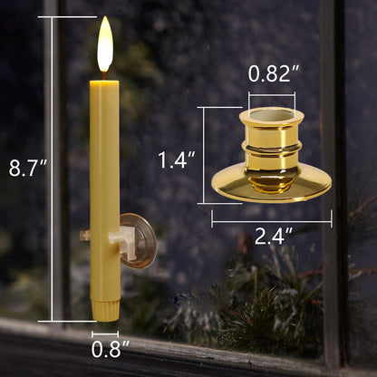 NONNO & ZGF 6 Pack Flameless 8.7'' Window Candles with 12 AA Batteries(Include) +6 Bows(with Bells) +6 Suction Cups+6 Golden Candleholders. Battery Powered Ivory Taper Candle with Remote and Timer