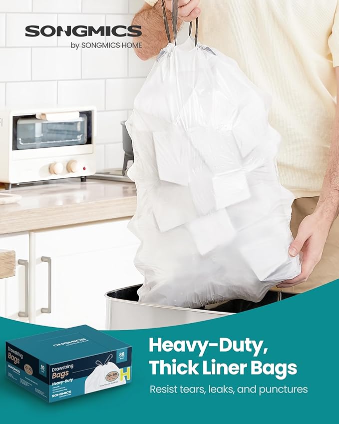 SONGMICS Trash Bags for 8-Gallon Trash Cans, Drawstring Kitchen Garbage Bags