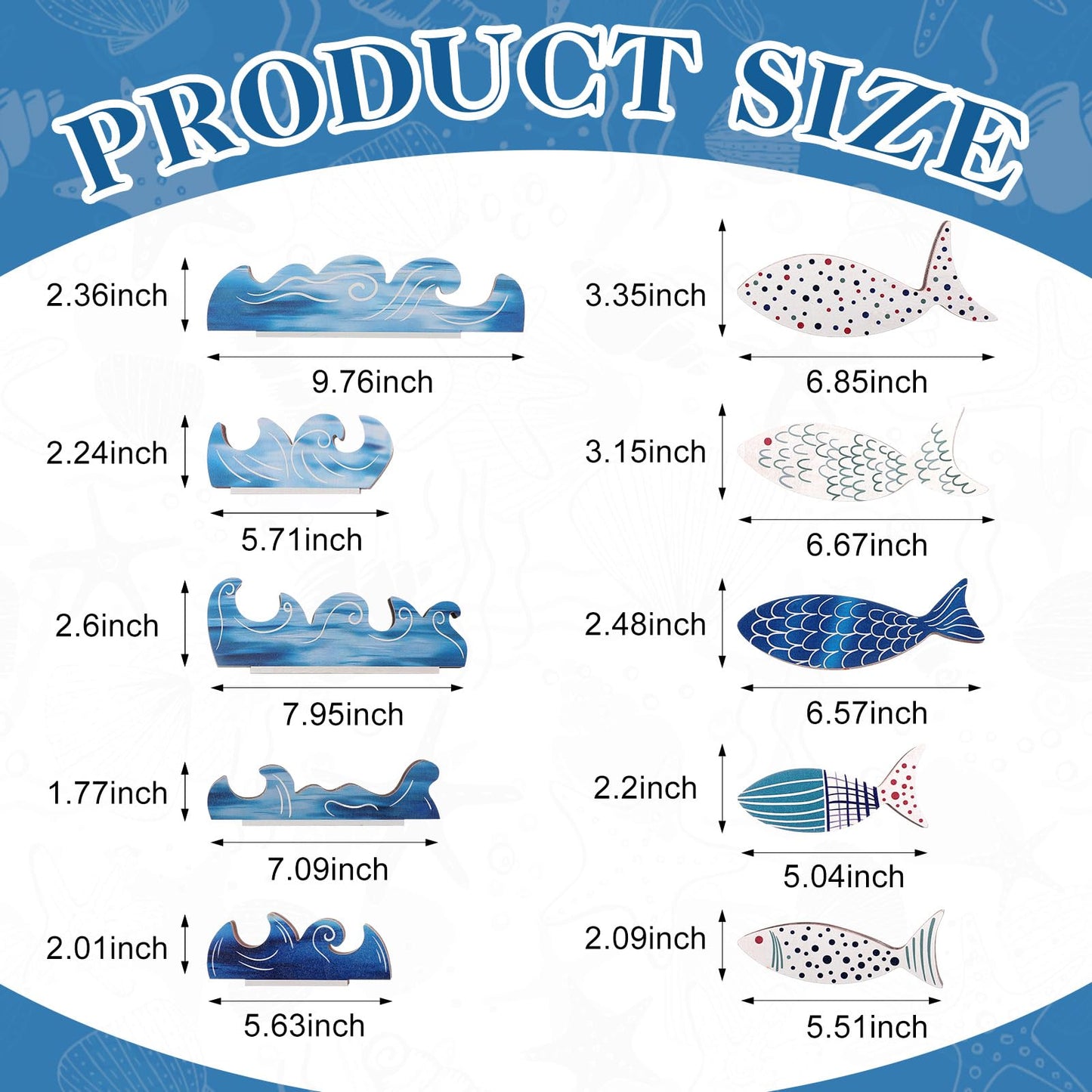 Novabright 10 Pcs Coastal Table Decor Wood School of Fish Sign Summer Beach Blue Sea Wave Centerpieces Ocean Standing Farmhouse Under The Sea Party Supplies for Home Cabinet Shelf Tabletop Decor