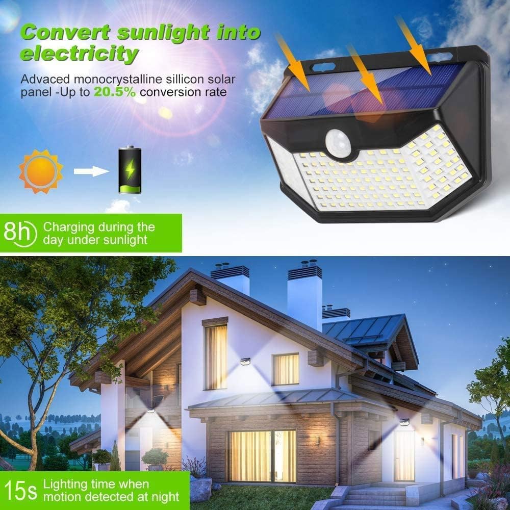 HMCITY Solar Lights Outdoor 120 LED with Lights Reflector and 3 Lighting Modes, Motion Sensor Wall Lights,IP65 Waterproof Solar Powered for Garden Patio Yard (Back Button 2Packs, Daylight White)
