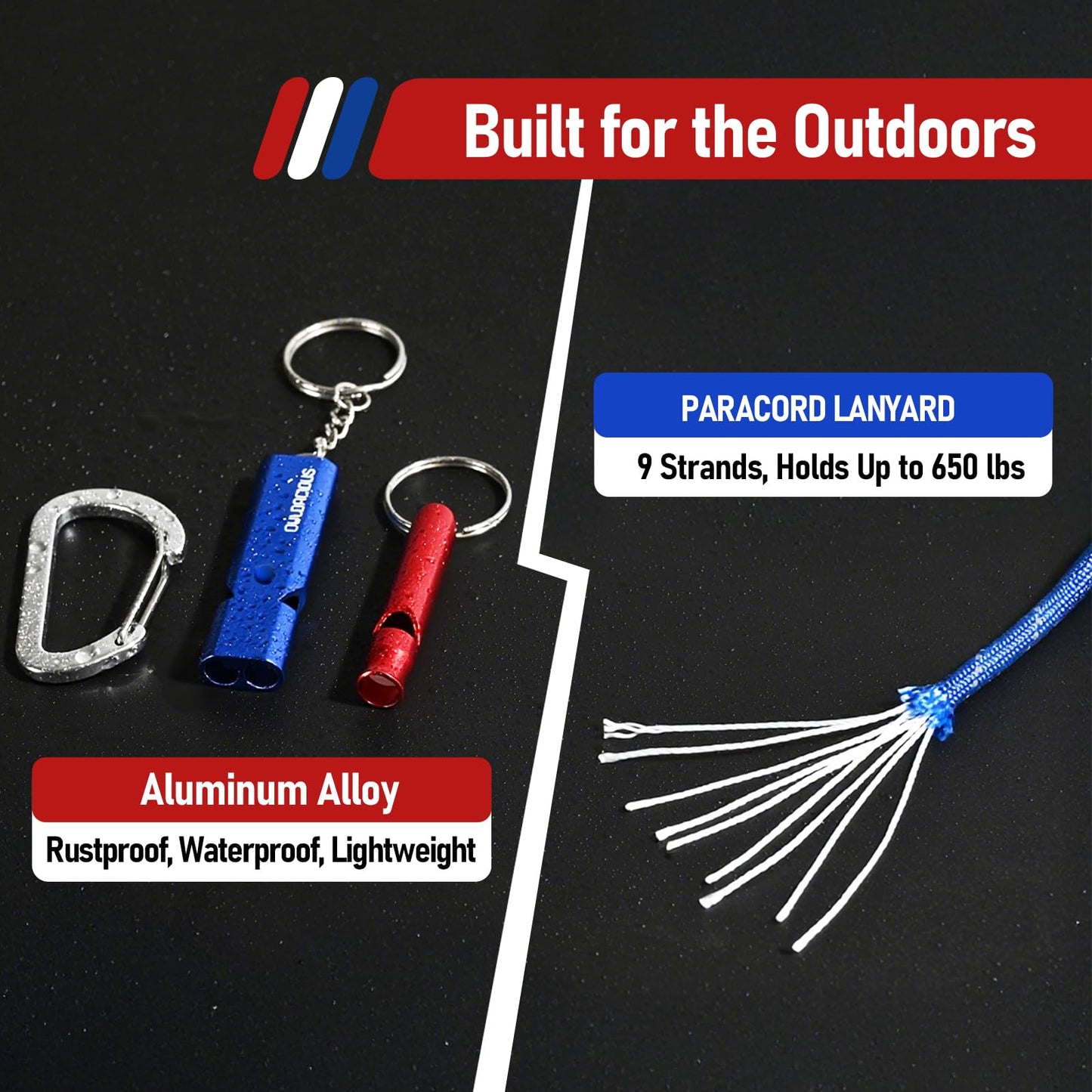 Owldacious Emergency Whistle Set, 120dB Loud Safety Whistles - 6 Pack Dual Size Aluminum Whistles, 3 Paracord Lanyards, 3 Carabiners for Personal Safety, Camping, Hiking, Survival, Marine Rescue