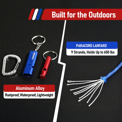 Owldacious Emergency Whistle Set, 120dB Loud Safety Whistles - 6 Pack Dual Size Aluminum Whistles, 3 Paracord Lanyards, 3 Carabiners for Personal Safety, Camping, Hiking, Survival, Marine Rescue