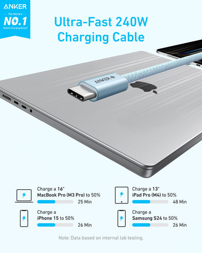 Anker Zolo USB C to USB C Cable, Braided and Dirt-Free Type-C Fast Charging Cable, Slim Connector, for iPhone 17 Series, MacBook (240W) (White, 3.3 FT)