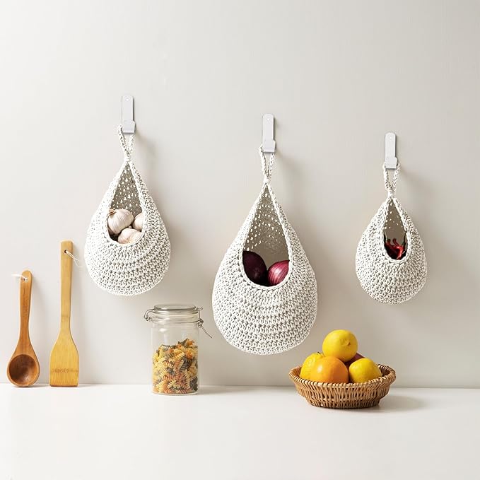 Hanging Fruit Basket Set of 3, Boho Wall Hanging Storage Basket