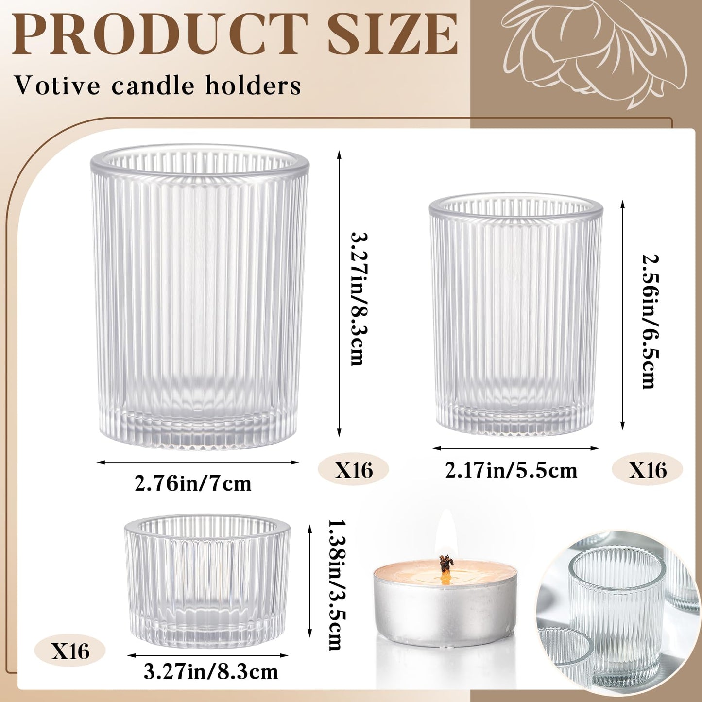 Mumufy 48 Pcs Assorted Votive Candle Holders Ribbed Glass Tealight Candle Holder Bulk for Table Centerpiece, Baby Shower, Home and Wedding Party Decoration (Clear)