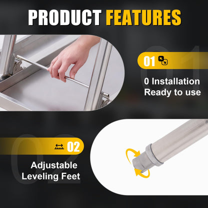 Foldable Stainless Steel Table 48x30 Inch, 1-Tier Portable Workstation, Commercial & Utility Table for Kitchen Prep, Catering, Garage, Workshop and Home Use, 600 LB Capacity