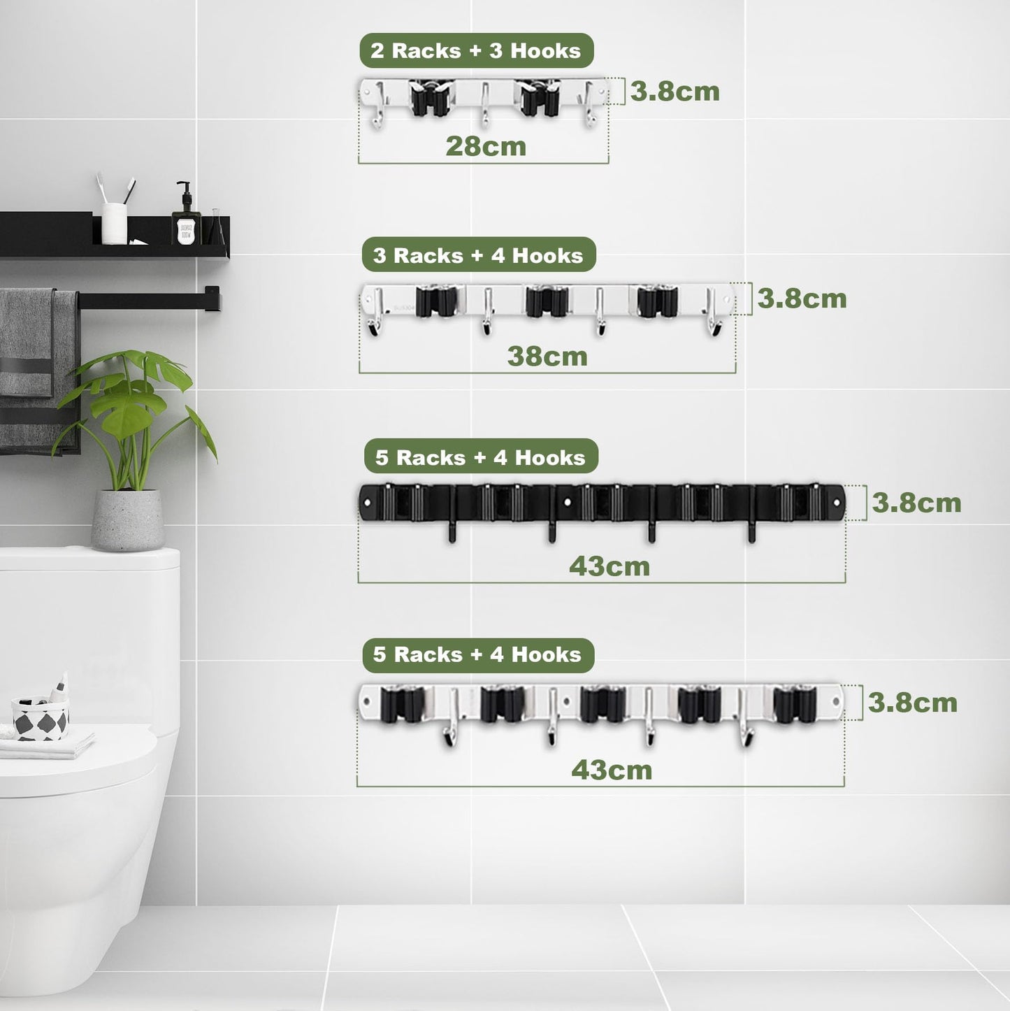5 Holders+4 Hooks Black Broom Holder Wall Mounted with Nails Installation, Heavy Duty Stainless Steel Mop Holder, Brush Mop and Broom Storage Self Adhesive