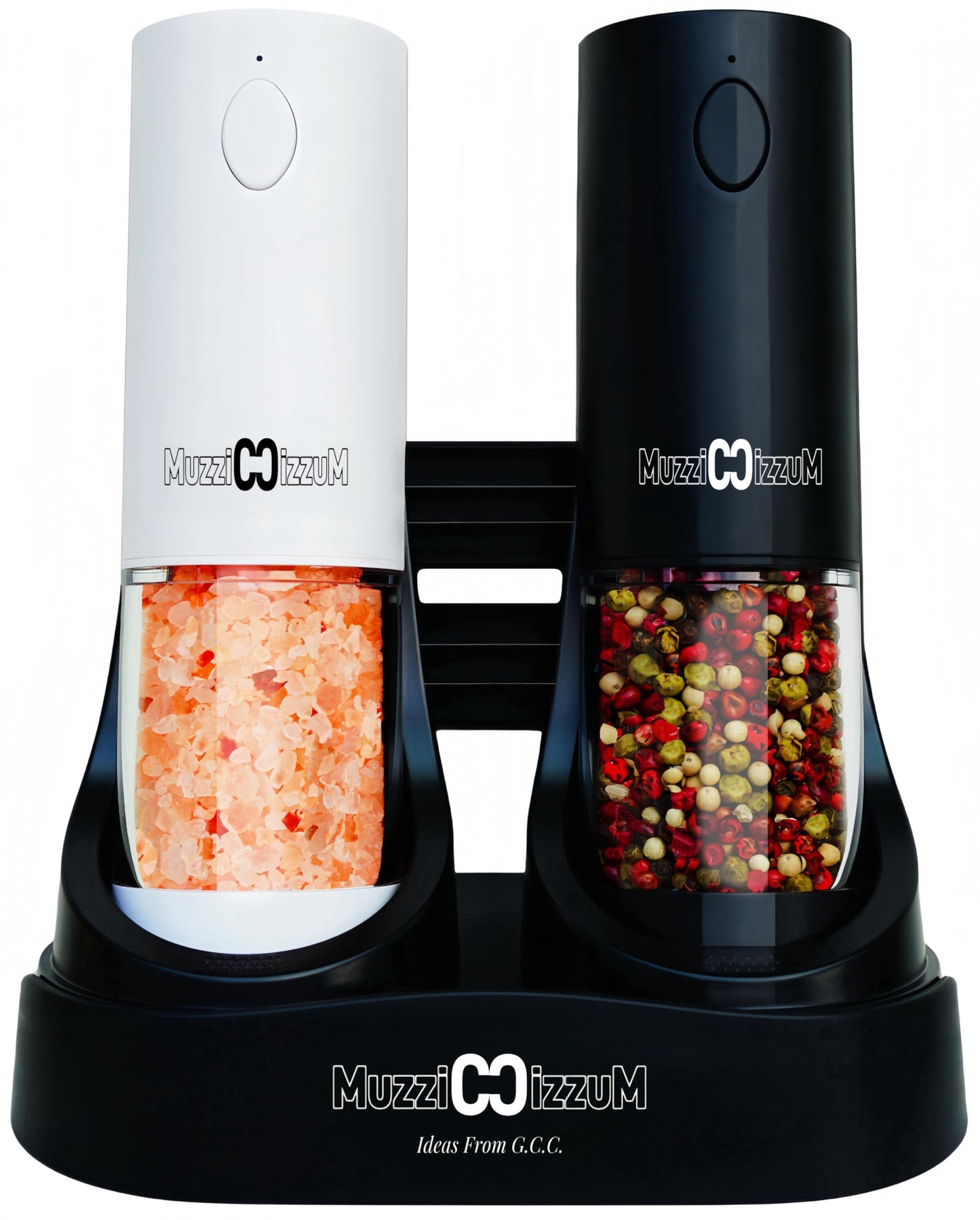 Electric Salt and Pepper Grinder Set with USB Charging Base, Rechargeable, Refillable, Adjustable Coarseness, ABS Automatic Salt & Pepper Mills, One-Hand Operation, 2 Pack 95ml+95ml(Black+White)